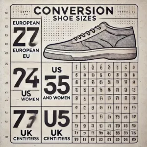 Tableau de conversion des pointures de chaussures avec les tailles européennes, américaines, britanniques et en centimètres.
