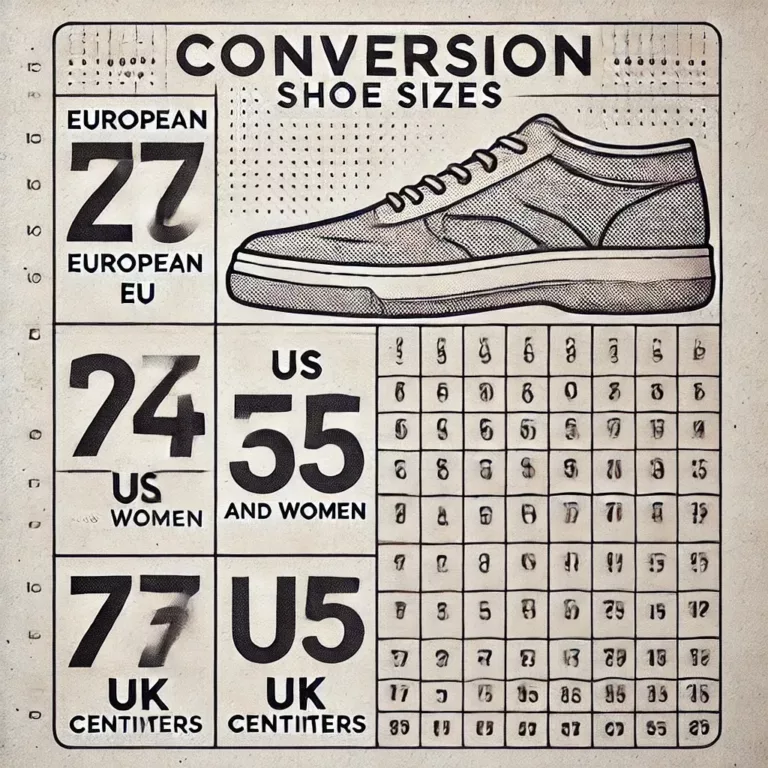 Tableau de conversion des pointures de chaussures avec les tailles européennes, américaines, britanniques et en centimètres.