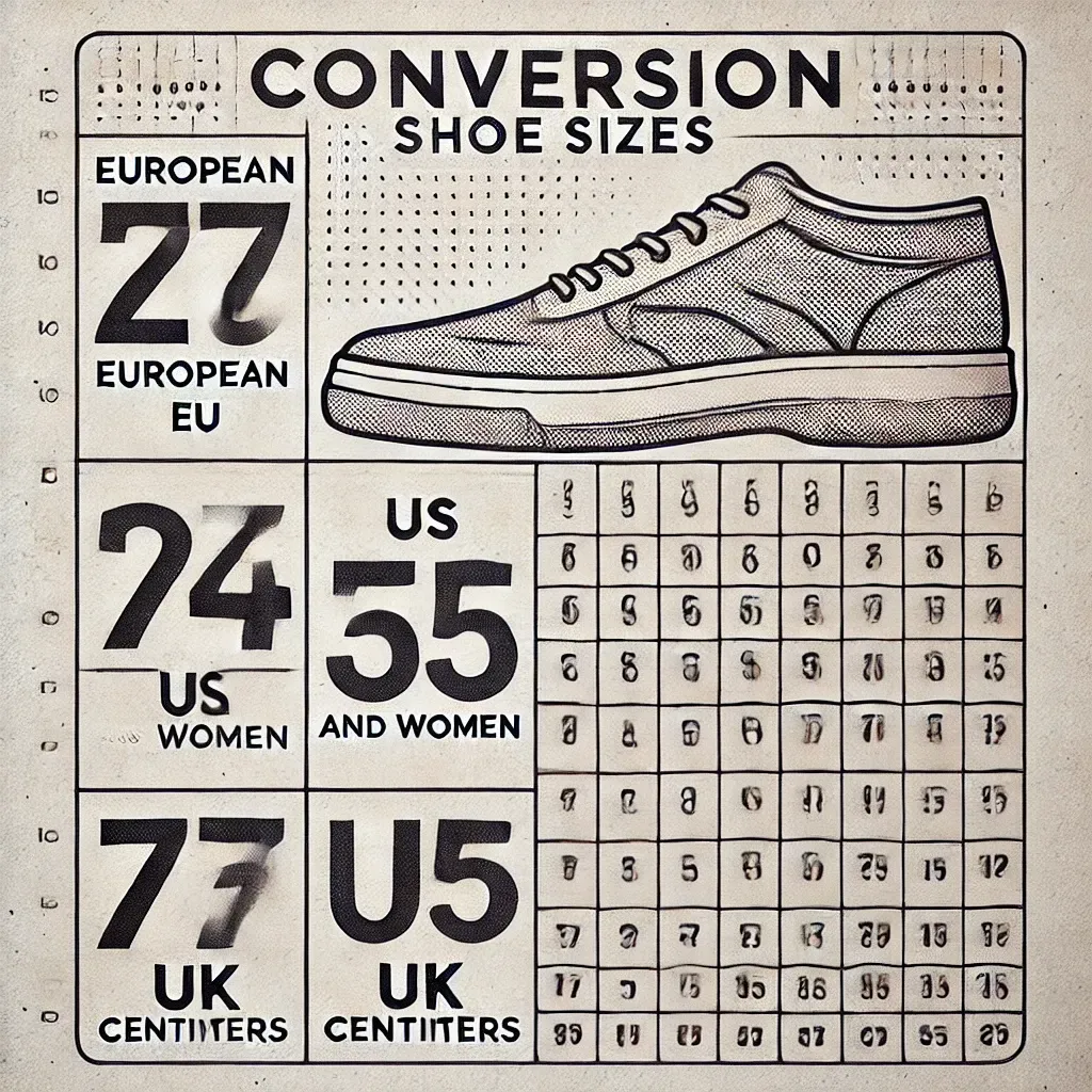 Tableau de conversion des pointures de chaussures avec les tailles européennes, américaines, britanniques et en centimètres.