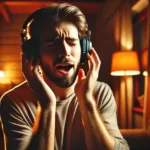 Une personne chantant avec un casque audio, les yeux fermés, plongée dans la musique.