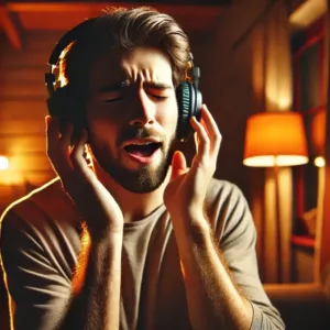 Une personne chantant avec un casque audio, les yeux fermés, plongée dans la musique.