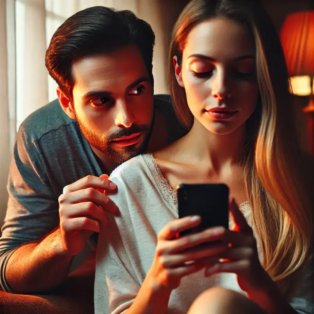 Un homme regarde discrètement le téléphone de sa femme à son insu, illustrant une atteinte à la vie privée dans le couple.