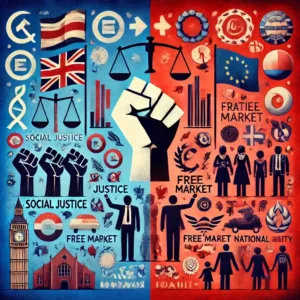 Illustration symbolisant la division politique en Europe entre la gauche et la droite, avec des icônes représentant leurs idéologies respectives.