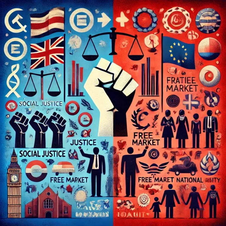 Illustration symbolisant la division politique en Europe entre la gauche et la droite, avec des icônes représentant leurs idéologies respectives.