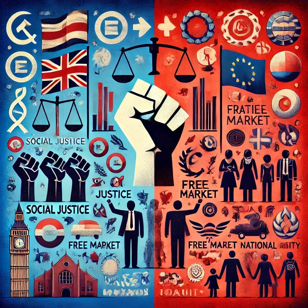 Illustration symbolisant la division politique en Europe entre la gauche et la droite, avec des icônes représentant leurs idéologies respectives.