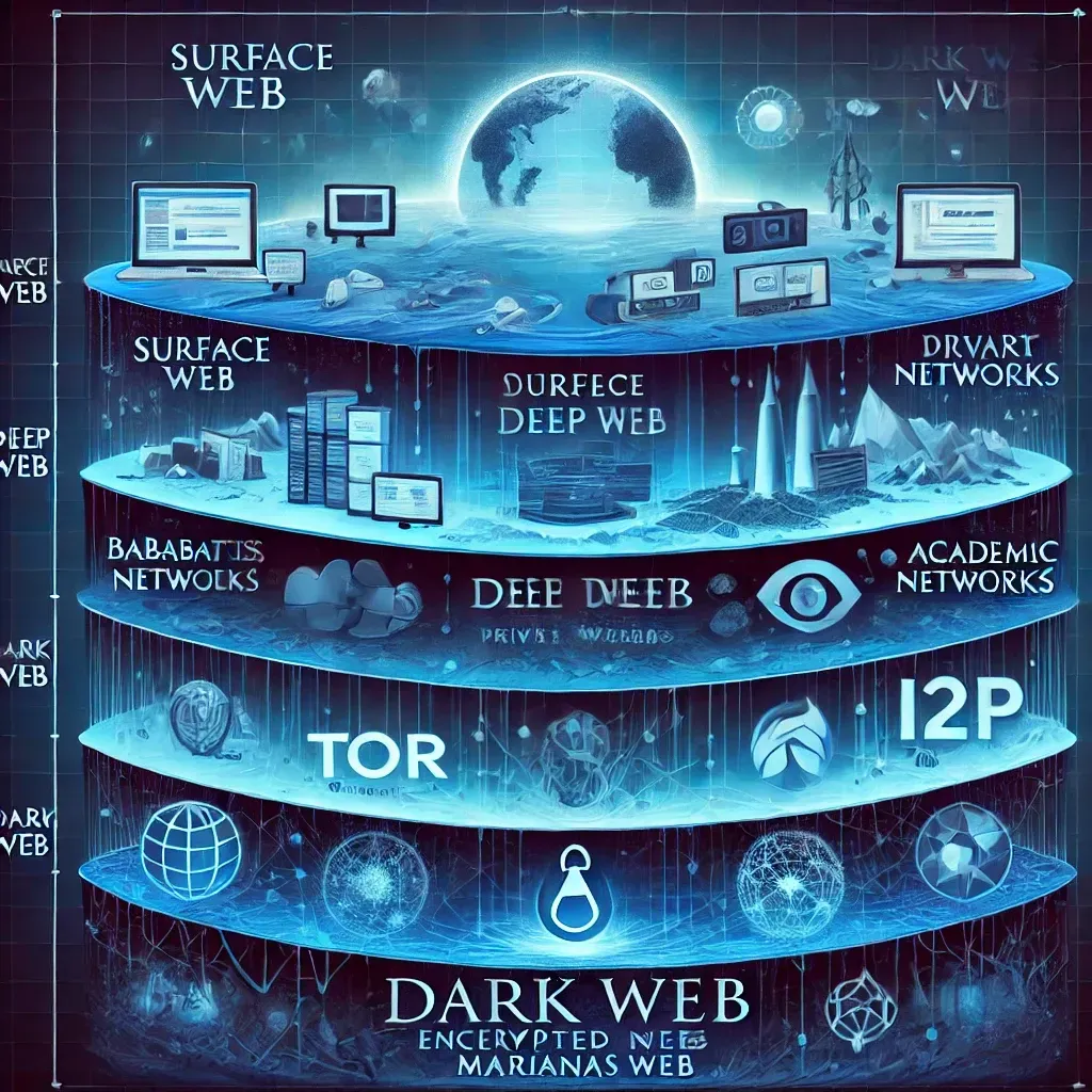 Illustration des couches du web, du surface web au marianas web.