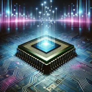 Illustration futuriste d’une puce électronique avec des circuits lumineux, symbolisant la croissance exponentielle des transistors selon la loi de Moore.