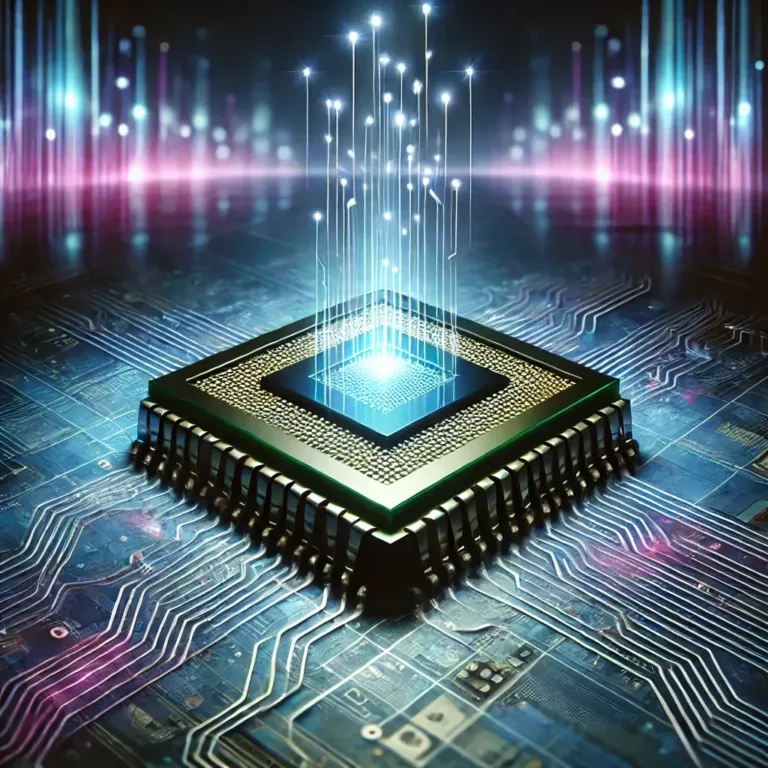 Illustration futuriste d’une puce électronique avec des circuits lumineux, symbolisant la croissance exponentielle des transistors selon la loi de Moore.