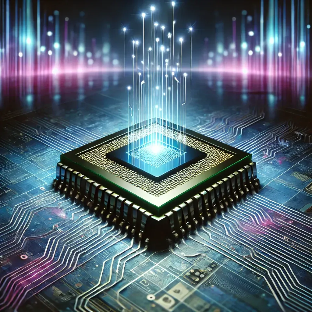 Illustration futuriste d’une puce électronique avec des circuits lumineux, symbolisant la croissance exponentielle des transistors selon la loi de Moore.
