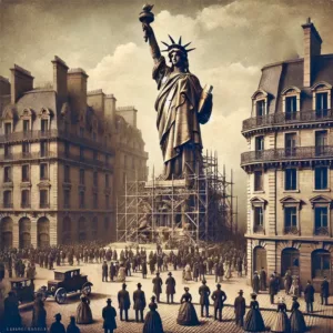 Vue historique de la statue de la Liberté exposée à Paris dans les années 1880, entourée de spectateurs admirant son imposante structure.