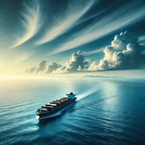 Un cargo naviguant en haute mer sous un ciel dégagé, illustrant la liberté de circulation en eaux internationales.