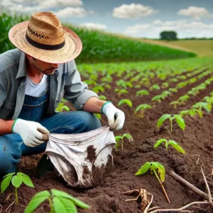 Un agriculteur déterre un slip en coton partiellement décomposé dans un champ.