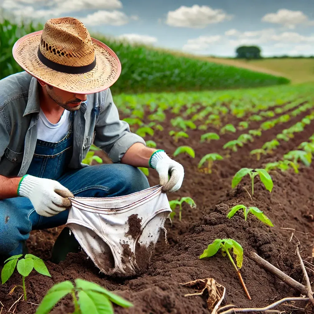 Un agriculteur déterre un slip en coton partiellement décomposé dans un champ.