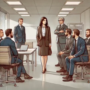 Une femme seule dans un bureau entourée d'hommes en pleine discussion, illustrant le syndrome de la Schtroumpfette en entreprise.
