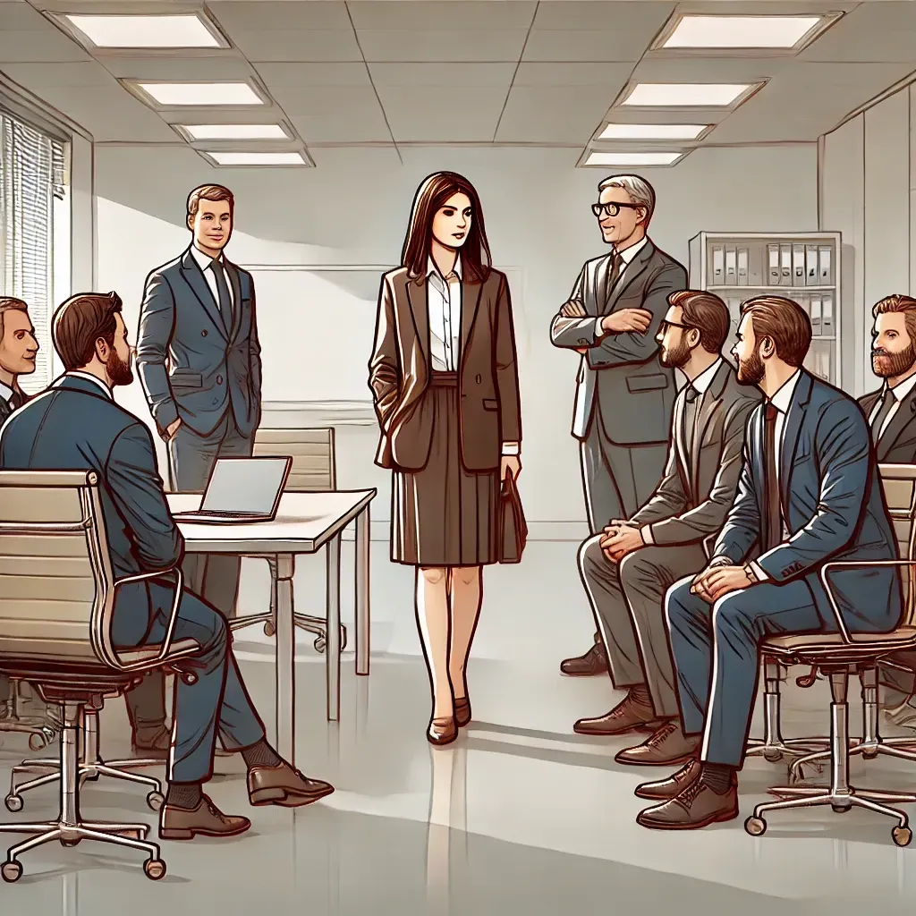 Une femme seule dans un bureau entourée d'hommes en pleine discussion, illustrant le syndrome de la Schtroumpfette en entreprise.