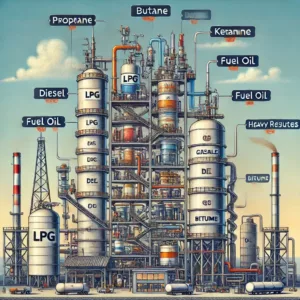 Schéma détaillé d'une raffinerie avec une tour de distillation fractionnée et les différentes fractions pétrolières séparées selon leur température d'ébullition.