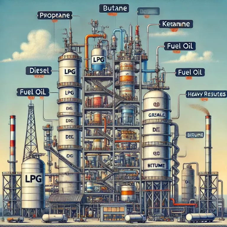 Schéma détaillé d'une raffinerie avec une tour de distillation fractionnée et les différentes fractions pétrolières séparées selon leur température d'ébullition.