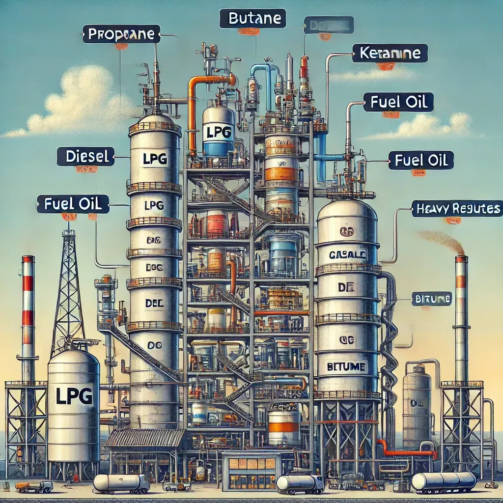 Schéma détaillé d'une raffinerie avec une tour de distillation fractionnée et les différentes fractions pétrolières séparées selon leur température d'ébullition.