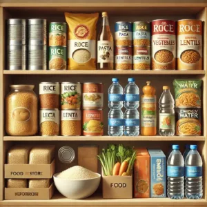 Stock alimentaire d’urgence bien rangé avec produits non périssables.