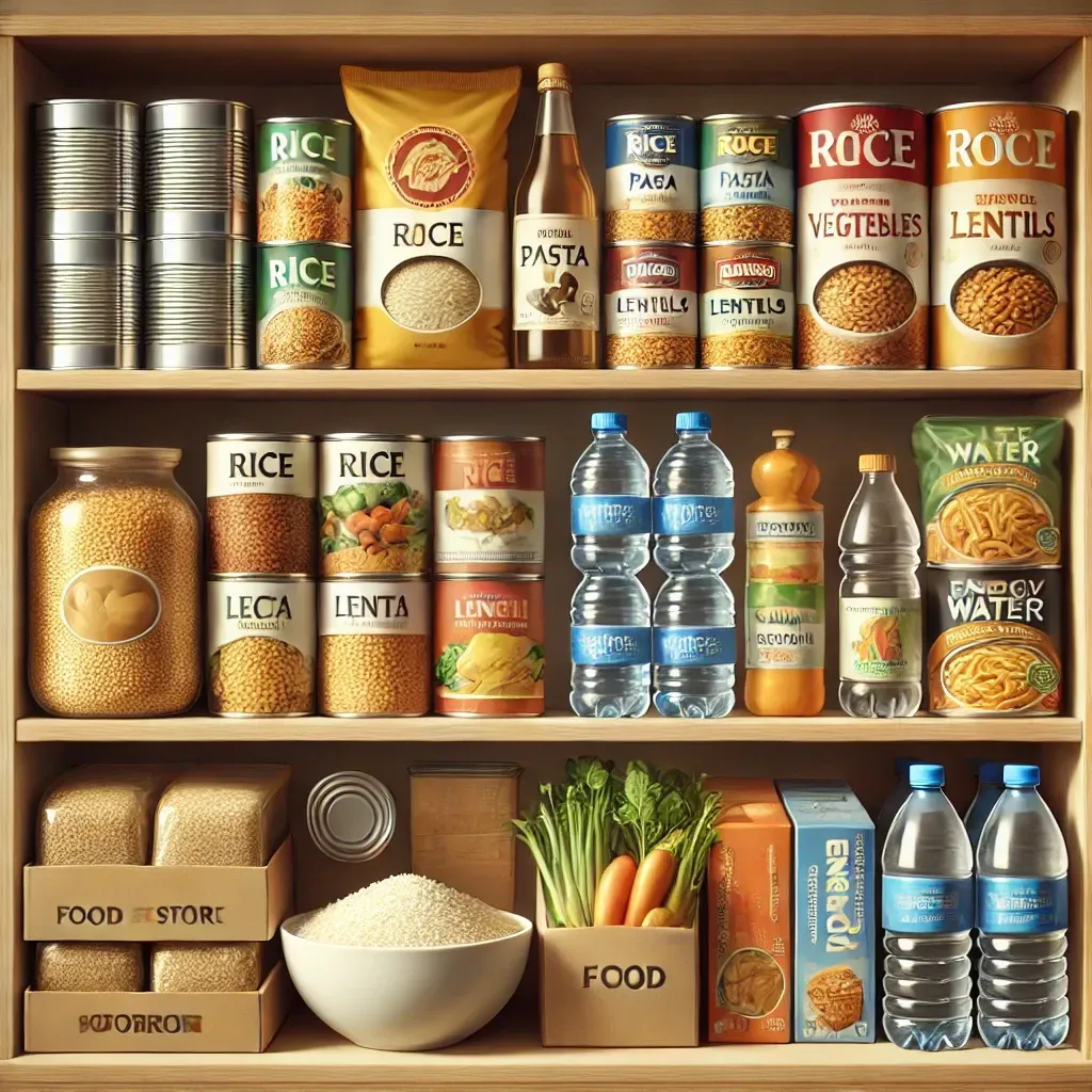 Stock alimentaire d’urgence bien rangé avec produits non périssables.