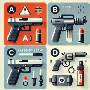 Illustration simplifiée des catégories d’armes A, B, C, D avec icônes claires et visuelles.