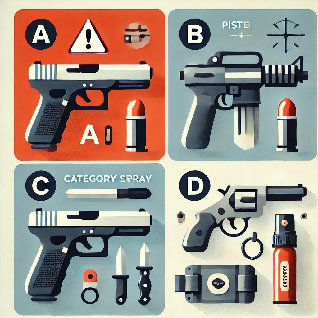 Illustration simplifiée des catégories d’armes A, B, C, D avec icônes claires et visuelles.