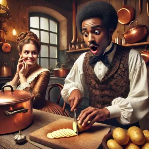 Chef afro-américain George Crum préparant les premières chips en 1853.