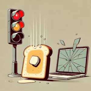 Illustration symbolique de la loi de Murphy avec une tartine beurrée, un feu rouge et un écran cassé.