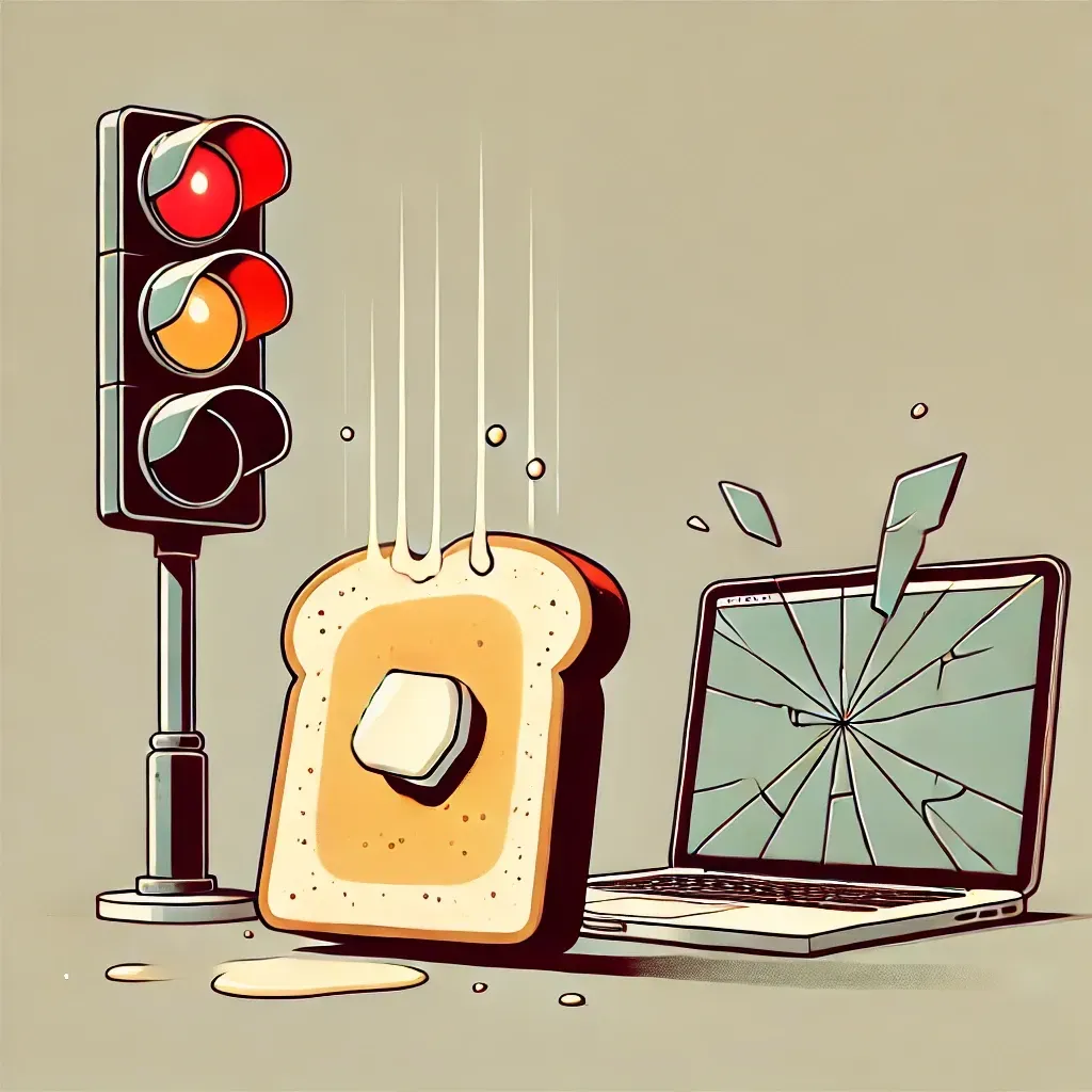 Illustration symbolique de la loi de Murphy avec une tartine beurrée, un feu rouge et un écran cassé.