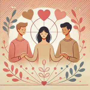 Illustration de trois personnes liées par des cœurs symbolisant le polyamour.