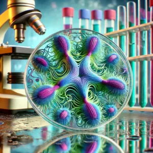 Illustration scientifique de bactéries miroir aux formes symétriques et couleurs vives dans un laboratoire.