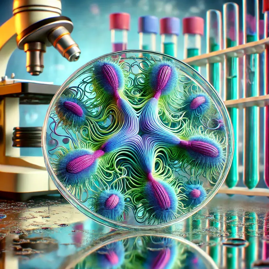 Illustration scientifique de bactéries miroir aux formes symétriques et couleurs vives dans un laboratoire.