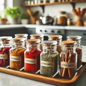 Bocaux en verre alignés sur un plateau en bois avec des épices colorées.