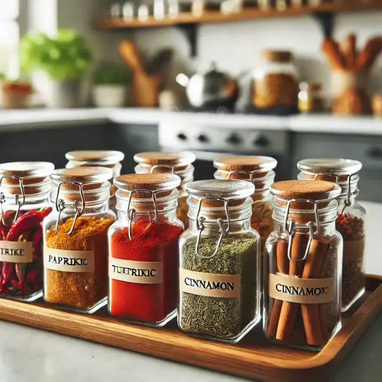 Bocaux en verre alignés sur un plateau en bois avec des épices colorées.
