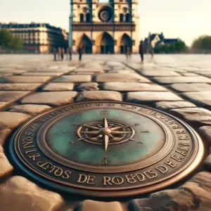 Plaque du point zéro des routes de France sur le parvis de Notre-Dame à Paris.