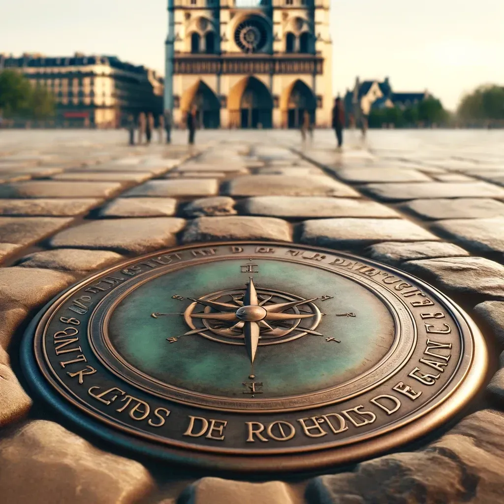 Plaque du point zéro des routes de France sur le parvis de Notre-Dame à Paris.