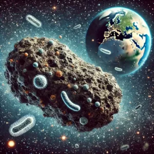 Illustration scientifique de la panspermie avec une météorite porteuse de vie dans l’espace.