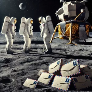 Illustration des astronautes d’Apollo 15 sur la Lune avec les enveloppes cachées.