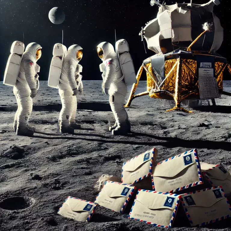Illustration des astronautes d’Apollo 15 sur la Lune avec les enveloppes cachées.