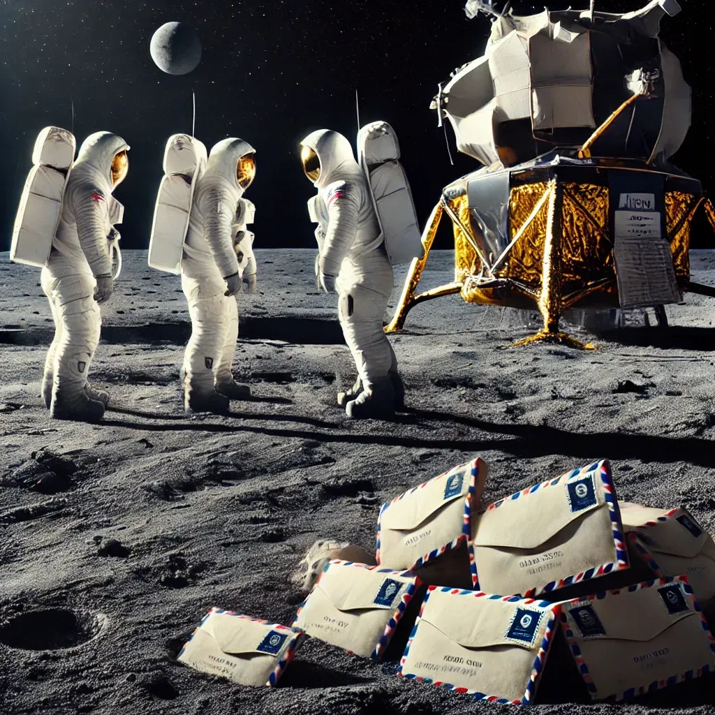 Illustration des astronautes d’Apollo 15 sur la Lune avec les enveloppes cachées.