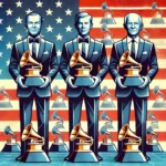 Trois présidents américains anonymes tenant des trophées Grammy devant un drapeau américain.