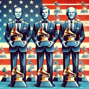 Trois présidents américains anonymes tenant des trophées Grammy devant un drapeau américain.