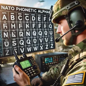 Un militaire en uniforme communique par radio avec l'alphabet phonétique affiché.