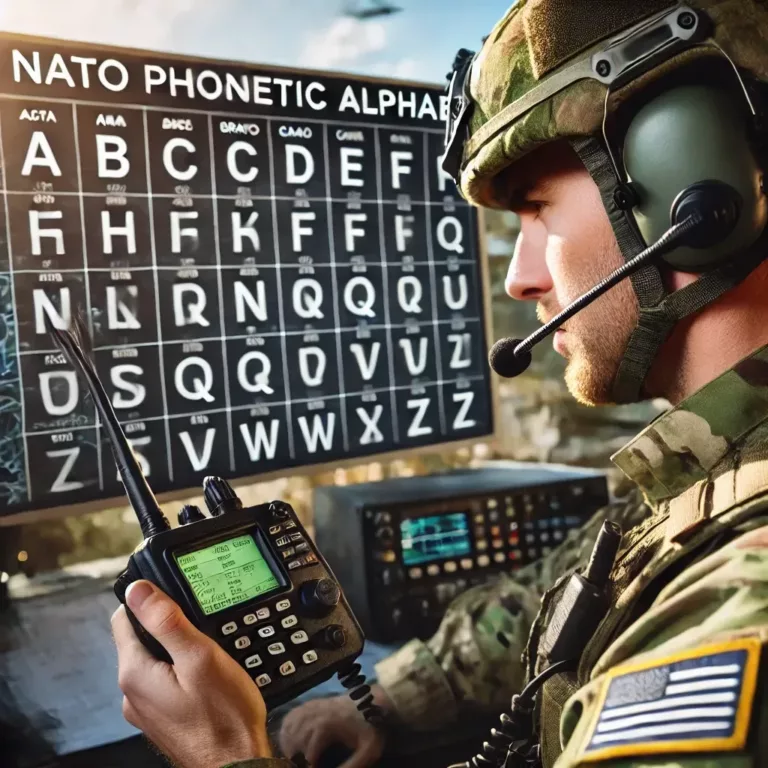 Un militaire en uniforme communique par radio avec l'alphabet phonétique affiché.