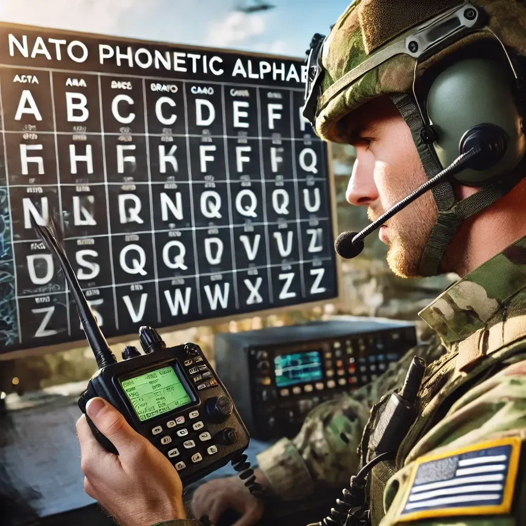 Un militaire en uniforme communique par radio avec l'alphabet phonétique affiché.