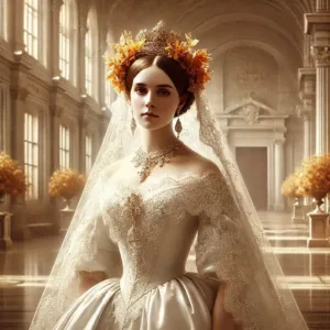 Illustration historique de la reine Victoria en robe de mariée blanche ornée de dentelle de Honiton, jour de son mariage.