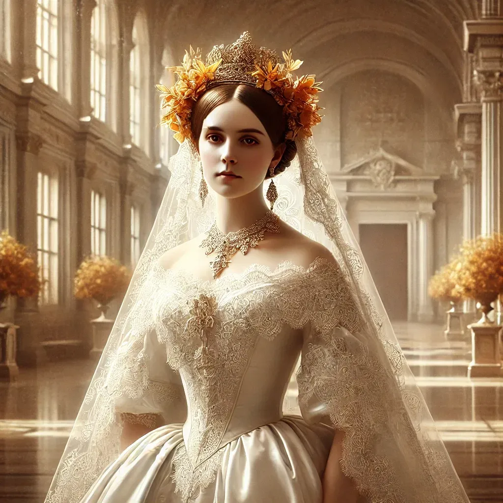 Illustration historique de la reine Victoria en robe de mariée blanche ornée de dentelle de Honiton, jour de son mariage.