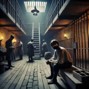 Débiteur assis dans une cellule de prison française du XIXe siècle avec des barreaux en fer.