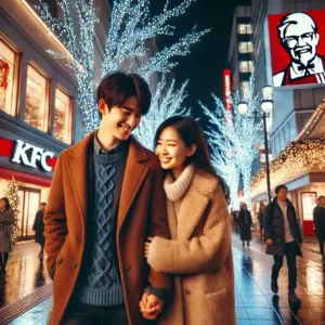 Un couple japonais célèbre Noël dans une rue illuminée de Tokyo.