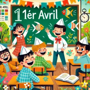 Enfants dans une salle de classe décorée pour le 1er avril, riant et collant des poissons en papier dans le dos de leurs camarades.